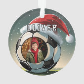 サッカーボールサンタハットのクリスマスフォト オーナメント (裏面)