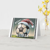 サッカーボールサンタハット名クリスマス カード (黄色い花)