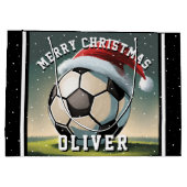 サッカーボールサンタハット名クリスマス ラージペーパーバッグ (裏面)