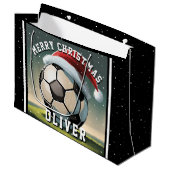 サッカーボールサンタハット名クリスマス ラージペーパーバッグ (正面アングル)