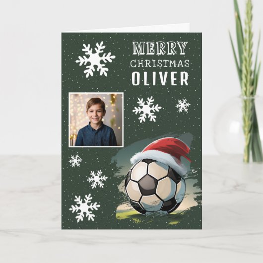 サッカーボールサンタ帽子供写真クリスマス カード (正面)