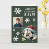 サッカーボールサンタ帽子供写真クリスマス カード (黄色い花)