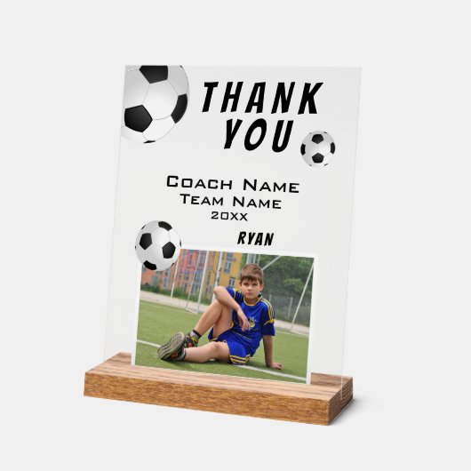 サッカーボールスポーツコーチ写真ありがとう アクリルサイン (傾斜)