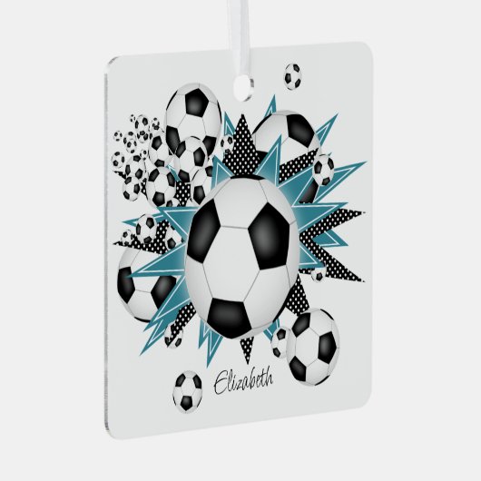 サッカーボールティール(緑がかった色)ブラックスターズガールズスポーツ メタルオーナメント (正面右)