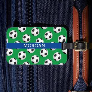 サッカーボールパターン、ホワイトネーム、青と緑 ラゲッジタグ