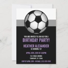 サッカーボールパープル&ブラック誕生日招待状 招待状