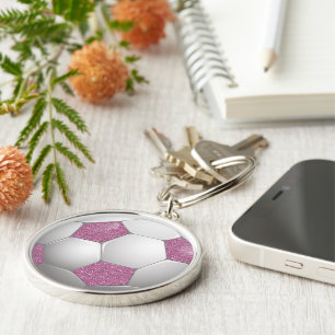 サッカーボールピンクグリッター効果 キーホルダー