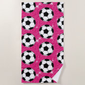 サッカーボールピンクフロストグリッタースポーツプレーヤーホワイト ビーチタオル (正面)