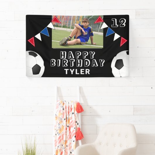 サッカーボールフラッグブラックフォト誕生日 横断幕 (インサイチュ)