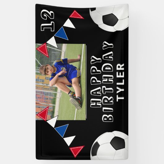 サッカーボールフラッグブラックフォト誕生日 横断幕 (縦)