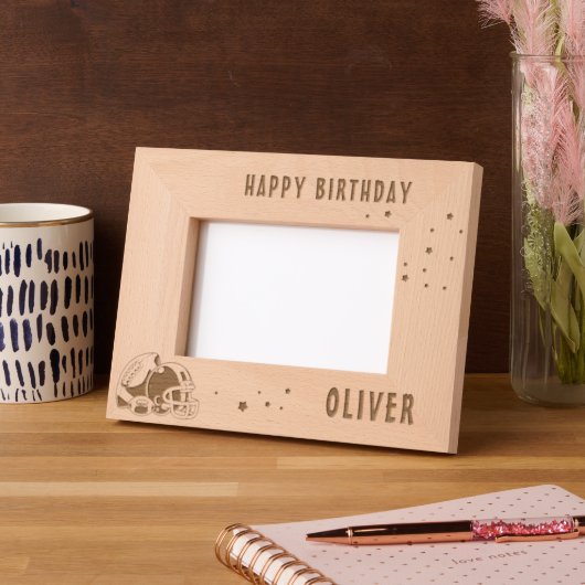 サッカーボールヘルメットハッピーバースデー写真 レーザー彫刻フレーム (左)