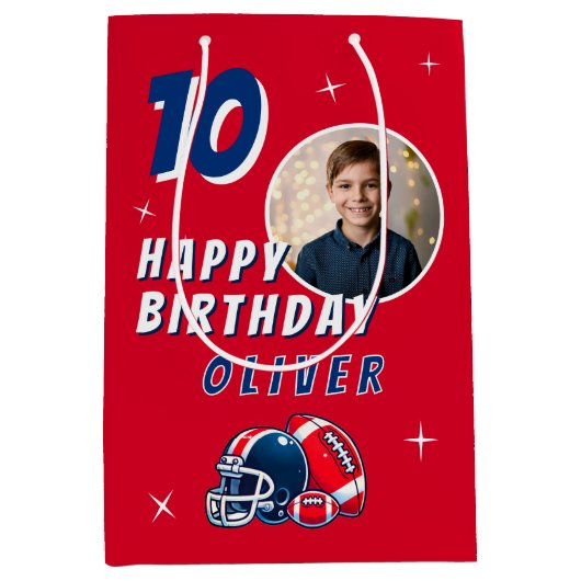 サッカーボールヘルメットマンガートフォト誕生日 ミディアムペーパーバッグ (正面)