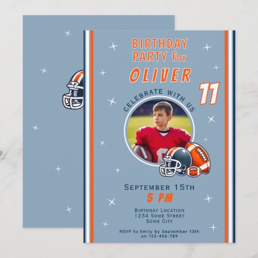 サッカーボールヘルメットマンガートフォト誕生日 招待状 (正面/裏面)