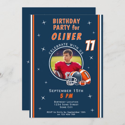 サッカーボールヘルメットマンガートフォト誕生日 招待状 (正面/裏面)