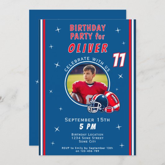 サッカーボールヘルメットマンガートフォト誕生日 招待状 (正面/裏面)