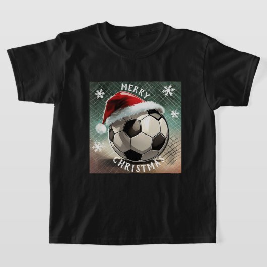 サッカーボールレッドサンタハットスノーフレーククリスマス Tシャツ (レイダウン)