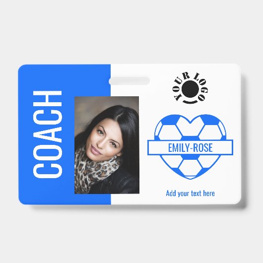 サッカーボール写真ロゴバーコードテンプレートコーチ青 バッジ (表面)
