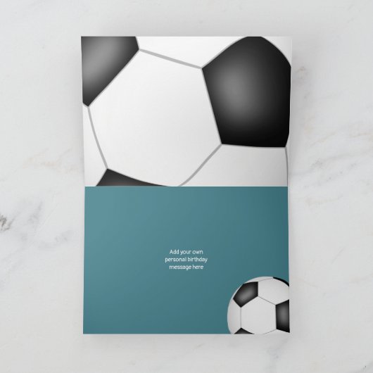 サッカーボール吹き出し女の子ティール（緑がかった色）灰色の誕生日 カード (内部)