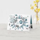 サッカーボール吹き出し女の子ティール(緑がかった色)灰色の誕生日 カード (黄色い花)