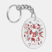 サッカーボール吹出し女の子の赤パーソナライズされた灰色 キーホルダー (正面左)