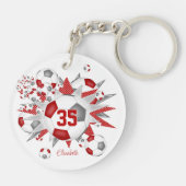 サッカーボール吹出し女の子の赤パーソナライズされた灰色 キーホルダー (裏面)
