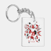 サッカーボール吹出し女の子の赤パーソナライズされた黒 キーホルダー (正面左)