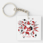 サッカーボール吹出し女の子の赤パーソナライズされた黒 キーホルダー (正面)
