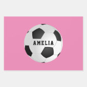 サッカーボール子供の名前ピンク誕生日 ラッピングペーパーシート (正面)