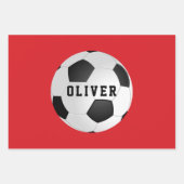 サッカーボール子供の名前レッドクリスマス ラッピングペーパーシート (正面)