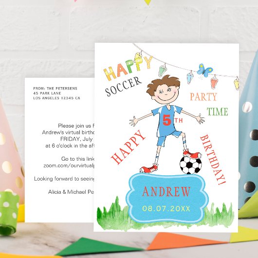 サッカーボール男の子の誕生日の仮想パーティーカラフル インビテーションポストカード