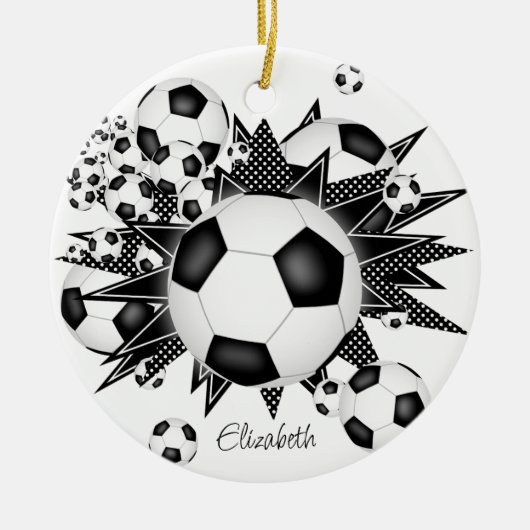 サッカーボール白黒スターガールズスポーツ セラミックオーナメント (正面)