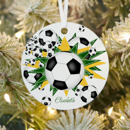 サッカーボール緑の金ゴールドスターガールズスポーツ メタルオーナメント