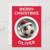 サッカーボール赤サンタハットクリスマスキッドの名前 シーズンカード (正面)