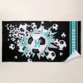 サッカーボール軽いティール(緑がかった色)グレイ星女の子の名前 ビーチタオル (正面)