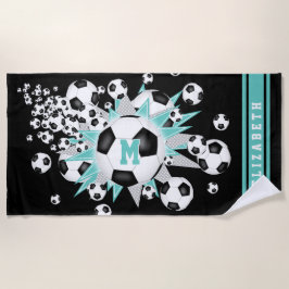 サッカーボール軽いティール（緑がかった色）グレイ星女の子の名前 ビーチタオル