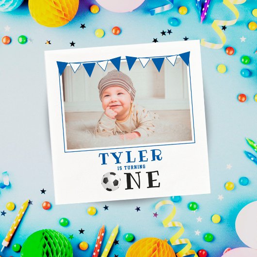 サッカーボール1歳の誕生日フォトバースデーパーティー スタンダードカクテルナプキン