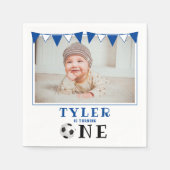 サッカーボール1歳の誕生日フォトバースデーパーティー スタンダードカクテルナプキン (正面)