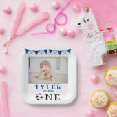 サッカーボール1歳の誕生日フォトバースデーパーティー ペーパープレート (パーティー)