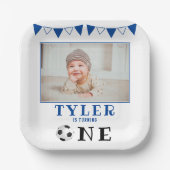 サッカーボール1歳の誕生日フォトバースデーパーティー ペーパープレート (正面)