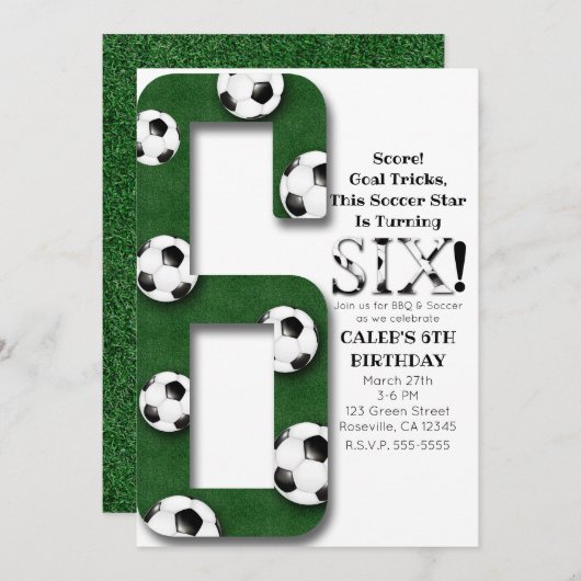 サッカーボール6、6歳の誕生日パーティー 招待状 (正面/裏面)