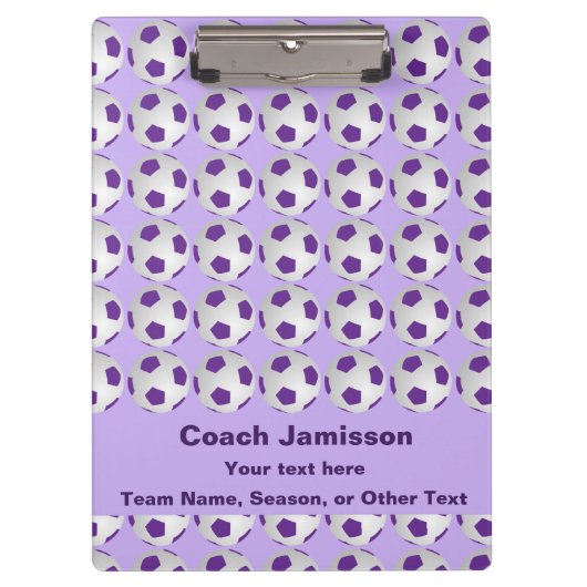 サッカーボール、コーチ名、紫と白 クリップボード (正面)
