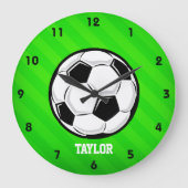 サッカーボール; ネオン緑のストライプ ラージ壁時計 (正面)