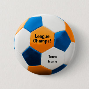 サッカーボール、ブルー&オレンジ、チーム名、 缶バッジ
