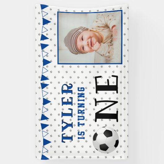 サッカーボール ワン 1歳の誕生日 写真 誕生日パーティー 横断幕 (縦)
