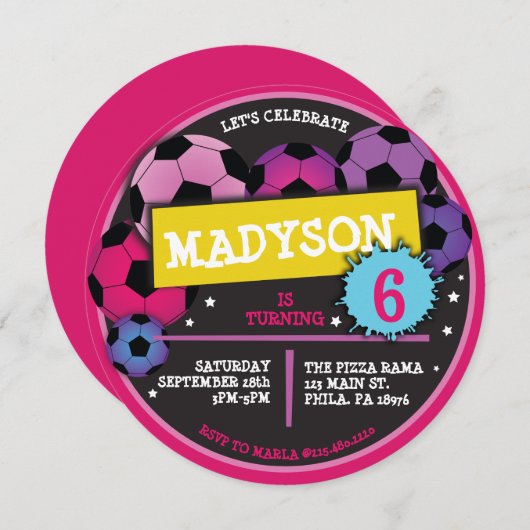サッカーボール 女の子の誕生日パーティー招待状 招待状 (正面/裏面)