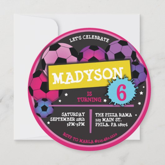 サッカーボール 女の子の誕生日パーティー招待状 招待状 (正面)