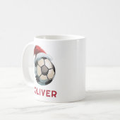 サッカーボール 赤いサンタ帽子 名前入り クリスマス コーヒーマグカップ (正面左)