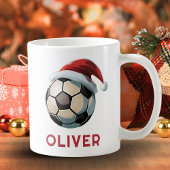 サッカーボール 赤いサンタ帽子 名前入り クリスマス コーヒーマグカップ