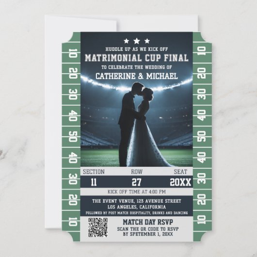 サッカーマッチチケットQRコード結婚とRSVP 招待状 (正面)