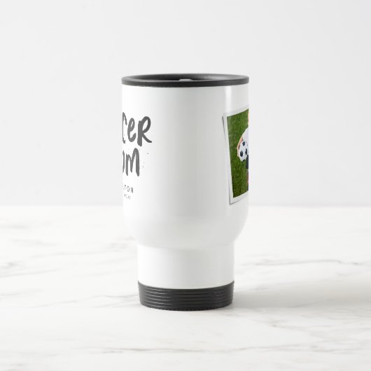 サッカーママトレンディーブラック型パーソナライズされた写真 トラベルマグ (中央)